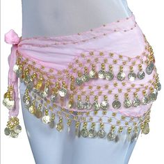 Belly Dancer Hip Skirt Brand New Color: Pink With Gold Coins Fabric: Chiffon Size: Os Measurements: Length 63”, Width 8.2 Drop #Halloween #Halloweencostume #Bellydancer #Arabic #Costume Womens Belly Dancer Costume, Belly Dance Turban, Belly Dancer Coin Skirt, Fitted Pink Skirt For Festival, Pink Summer Dance Skirt, Pink Skirt For Summer Dance, Pink Skirt For Dance In Summer, Pink Skirt For Summer Dance Events, Genie Costume