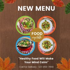 a flyer for a healthy food will make your mind calm with autumn leaves around it