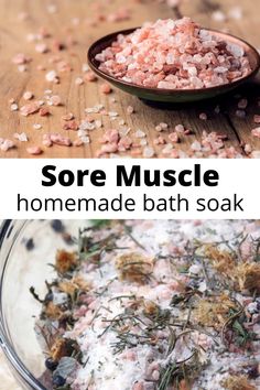 Collage of Himalayan salts and homemade bath salts with dried herbs. Muscle Bath Soak, Sore Muscles Bath Soak, Herbal Bath Recipes, Bath Salts Diy Recipes, Bath Tea Recipe, Homemade Bath Salts, Diy Bath Soak, Bath Soak Recipe, Sore Muscle