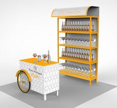 an orange and white cart with drinks on it