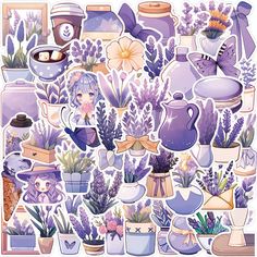 a bunch of purple flowers and vases on a white background