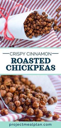 crispy cinnamon roasted chickpeas on a plate with red and white checkered table cloth