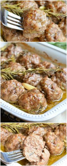 the process of cooking meatballs in a white dish with a fork and green onions