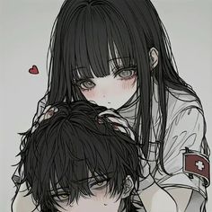 two anime characters with long black hair and one is holding the other's head