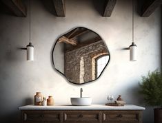 a bathroom with a sink, mirror and lights on the wall next to an old brick building