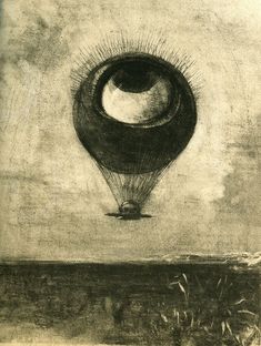 a drawing of a hot air balloon in the sky with an eye on it's side