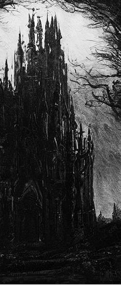 a black and white drawing of a castle surrounded by trees in the dark night sky