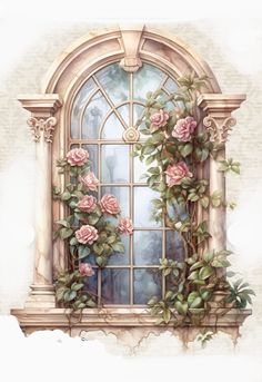 a painting of a window with pink roses on the outside and green leaves on the inside