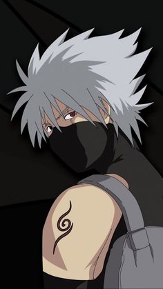 an anime character with white hair wearing a black mask and holding onto a gray backpack