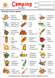 the camping checklist is filled with pictures and words to help kids learn how to use it