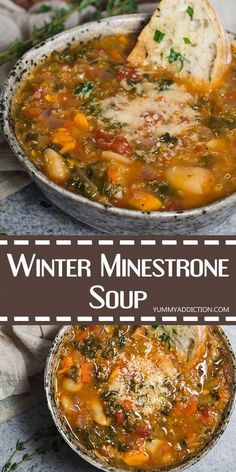 winter minestone soup with bread and herbs