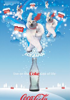 two polar bears are riding on top of a coca - cola bottle