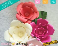 three paper flowers are shown on a white furnishing area with text overlay