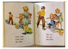 an open book with pictures of children and dogs