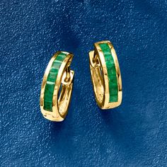 Ross-Simons - .60ct t. w. Emerald Huggie Hoop Earrings in 14kt Yellow Gold. 3/8". A great pop of color for every day, or a versatile May birthstone piece. Verdant .60 ct. t. w. channel-set square emeralds glow against sunny polished 14kt yellow gold in this precious pair of huggie hoop earrings. Hanging length is 3/8". Hinged post, emerald huggie hoop earrings. Emerald birthstones are the perfect gift for May birthdays. May Birthdays, Earrings Hanging, Emerald Birthstone, Earrings Emerald, May Birthday, May Birthstone, Channel Set, Huggie Hoop Earrings, Sunnies