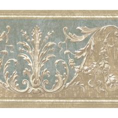 an ornate wallpaper design with gold and blue accents on the border, in shades of beige