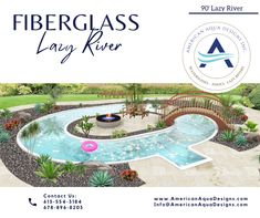 an advertisement for a landscaping business featuring a small pond and bridge in the middle of it