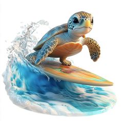 a turtle is riding on top of a surfboard in the ocean, with water splashing around it