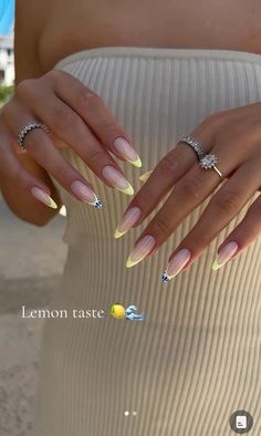 Lemon french nails inspo summer 2024 #lemon #yellow #nails #frenchnails #nailsofinstagram #summer #vacation #oval Paznokcie Hello Kitty, Lemon Nails, Kutek Disney, August Nails, Nagel Tips, Her Nails, Almond Nails Designs