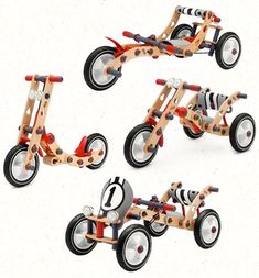 four wooden toy tricycles with wheels and tires on white background, set of 4