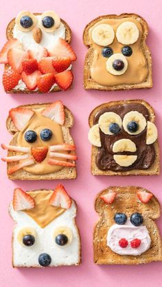 four slices of toast with fruit, peanut butter and other toppings on them are arranged in the shape of animals