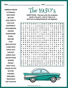 the 1950's word search page with an image of a blue car on it