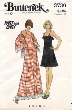 1970s Butterick 3730 Vintage Sewing Pattern - Misses' Dress and Shawl: Semi-fitted and slightly-flared dress has shaped neckline and attached narrow self straps. With or without self neckline ruffle or wide purchased eyelet ruffle at hemline. Triangular self-lined shawl has purchased eyelet ruffle trim. Available in sizes 10, 12, 14 and 16. Please see the picture of the back of the envelope for your sizing and envelope conditions. Copyright: 1974 Pattern is: Uncut, factory folded Envelope condit 70s Sundress, Dress And Shawl, Vintage Clothes Patterns, 1970s Sewing Patterns, Beginner Sewing Patterns, Vintage Dress Patterns, Dress Making Patterns, Paper Sewing Patterns, Easy Sewing Patterns