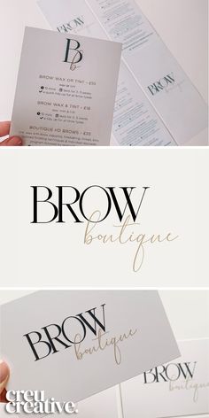 three different types of business cards with the words brown and white in black on them