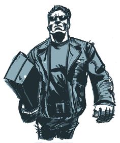 a black and white drawing of a man in a leather jacket with his hands on his hips