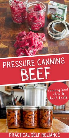 jars filled with beef sitting on top of a wooden table