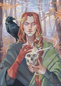 a painting of a woman holding a skull with a crow on her shoulder