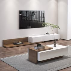 a modern living room with white furniture and wood flooring on the wooden floor, along with a potted plant