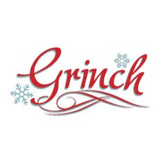 the word grin written in red and white with snowflakes on it's side