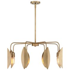 three light chandelier with four leaves hanging from the bottom and two lights on each side