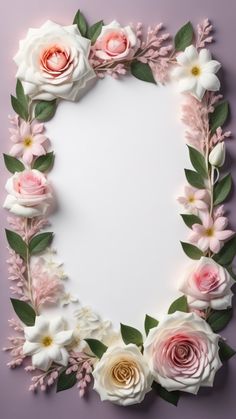 flowers are arranged in the shape of an oval frame on a purple background with space for text