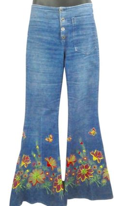 "These absolutely brilliant, genuine ,1960S, embroidered bell bottom jeans of hippiest fabulousness. XSSW They have a high waist. There is a cinch belt and buckle at the back of the jeans at waist level. The reverse side of the cinch belt is a little frayed, but is not really noticeable when done up...could be neatened by hand or some fabric facings could be added...but not really necessary. Fitted through to flares. Button up fly...PLEASE note: the second button from the bottom is different...see pics...priced accordingly  Patch pocket to left front. There are areas of fading...and a faded crease down front of legs...someone's mum liked to iron their pants with a crease...see pics Gorgeous, gorgeous hand embroidery...see pics...PLEASE note:the embroidery on the back of the left leg is unf Hippie Wide Leg Jeans For Festival, Hippie Wide-leg Jeans For Festivals, Bohemian Flare Denim Jeans, Bohemian Flare Jeans For Summer, Hippie Wide Leg Spring Flares, Spring Hippie Wide Leg Flares, Hippie Wide Leg Flares For Spring, Vintage Spring Festival Pants, Bohemian Blue Wide Leg Flare Jeans