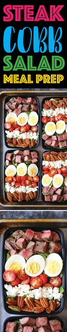 steak, eggs and salad meal prepped in an oven with the words steak cook salad meal prepped