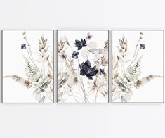 three paintings with flowers and plants on them