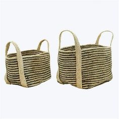 two woven baskets sitting next to each other