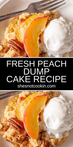 Peach dump cake with vanilla ice cream on a white plate. Fresh Peach Dump Cake, Peach Cobbler Recipe With Cake Mix, Cake Mix Peach Cobbler, Peach Cobbler Cake, Yellow Cake Mix Recipes, Peach Cobbler Dump Cake