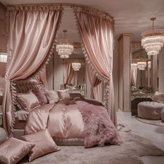 a luxurious bedroom with pink bedding and chandeliers