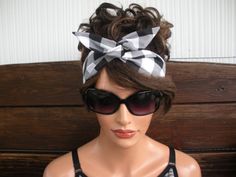 "NEW - Wired Dolly Bow Fashion Headband by Creationsbyellyn NOTE: SOFT WIRE INSERT HEADBAND. Black and White Plaid Buffalo print fabric headband - Wired dolly bow headband - Fashion headband. Made of Black and White Plaid print cotton bandana. BENDABLE SOFT WIRE INSERT. Women / Teen size One size. Size: 33 \" inches length x 3 \" inches width More size available. Care instructions: Hand wash only. Lay flat to dry - air dry. PLEASE DO NOT TUMBLE DRY." Rockabilly Short Hair, 50s Theme, Sewing Headbands, Headband Summer, Womens Headband, Headband Fashion, Summer Fashion Accessories, Buffalo Print, Bow Fashion