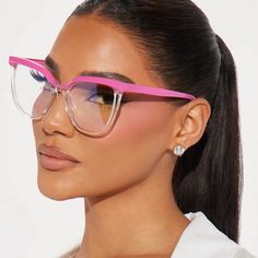 Seeing Thru You Pink Frame Clear Lens Blue Light Eyewear Cat Eye Design Plastic Frame Blue Light Lens Oversized Bundle & Save Offers Welcome Pink Eyeglasses Frames, Glasses Look, Cat Eye Design, Pink Eyeglasses, Pink Glasses, Pink Frame, Fashion Eye Glasses, Frame Blue, Pink Frames