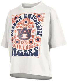 Design Short sleeve, crew-neck t-shirt Ribbed, tagless collar with interior taping Slight drop tail Feminine fit Style and Team Spirit Screen-printed vintage looking team graphics Pressbox® logo tag Additional Details Machine washable Officially licensed product Iowa Shirt Designs, High School Apparel, Elementary School Spirit Wear, Club Tshirt Designs, School Tshirt Designs, Auburn Shirts, School Spirit Shirts Designs, School Shirt Designs, Booster Club