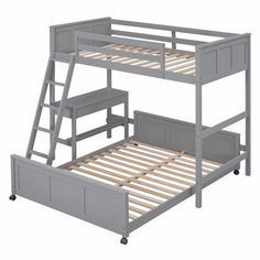 the bunk bed is made up with two sets of drawers and a ladder to reach it