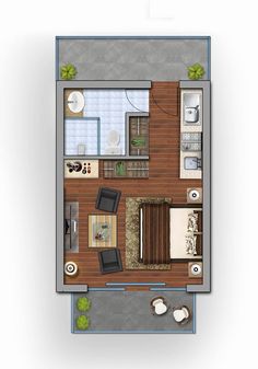 an overhead view of a living room and dining area in a small apartment with wood flooring