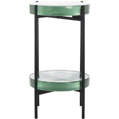 a round glass table with two shelves on each side and one shelf below the top