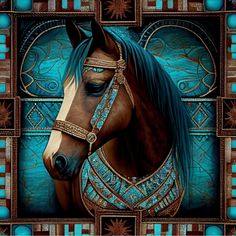 a painting of a brown horse with blue manes