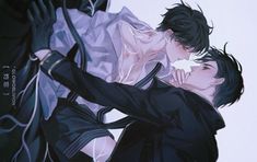 two anime characters are hugging each other in front of a white background with black hair