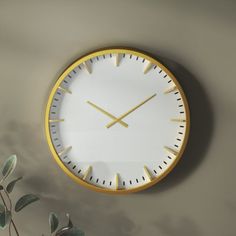 a clock is hanging on the wall next to a potted plant